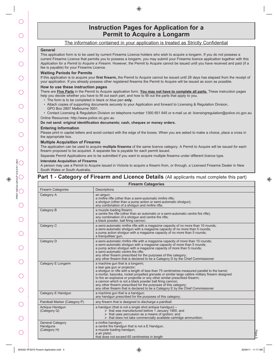 Form VP0337A Application for a Permit to Acquire a Longarm - Victoria, Australia, Page 5