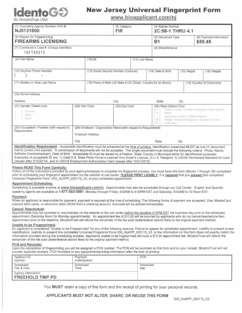 Township of Freehold, New Jersey Firearms Applications Fill Out, Sign