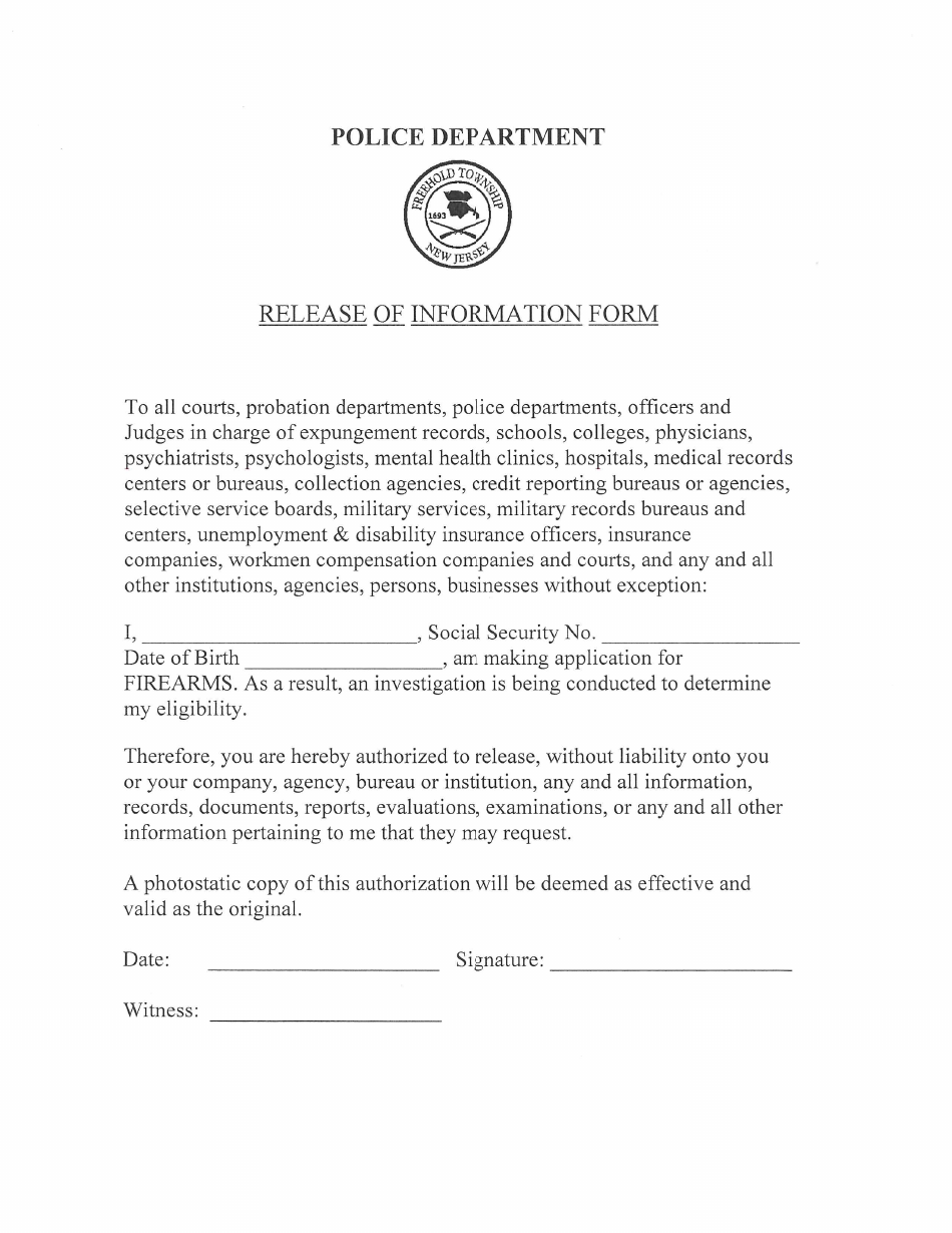 Township of Freehold, New Jersey Firearms Applications Fill Out, Sign