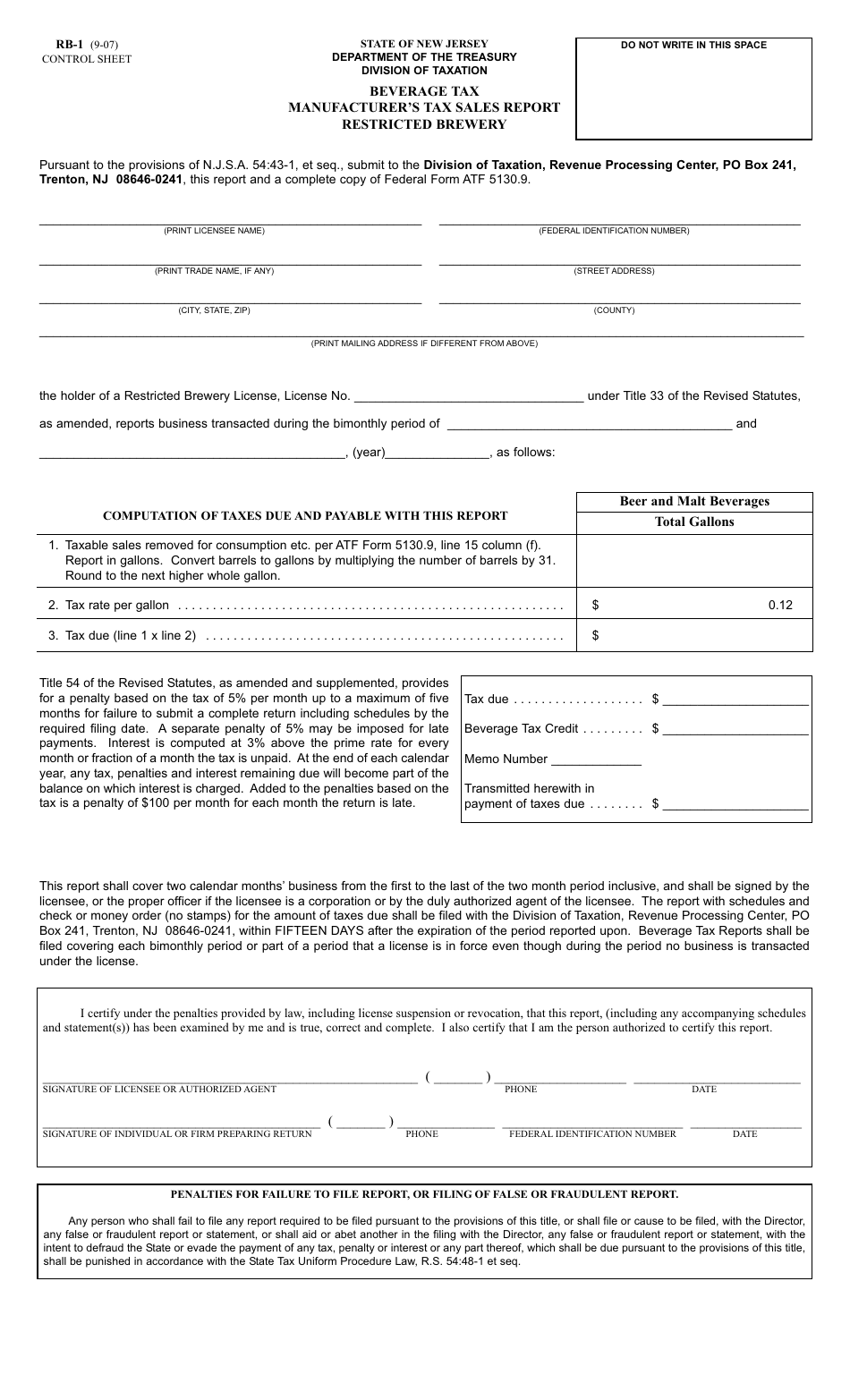 Form RB-1 Beverage Tax Manufacturers Tax Sales Report - Restricted Brewery - New Jersey, Page 1