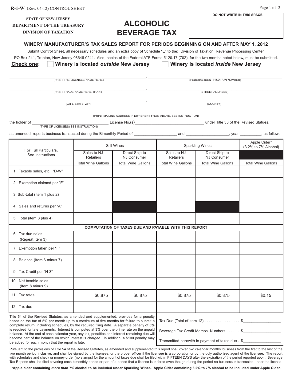 Form R-1-W Winery Manufacturers Tax Sales Report for Periods Beginning on and After May 1, 2012 - New Jersey, Page 1
