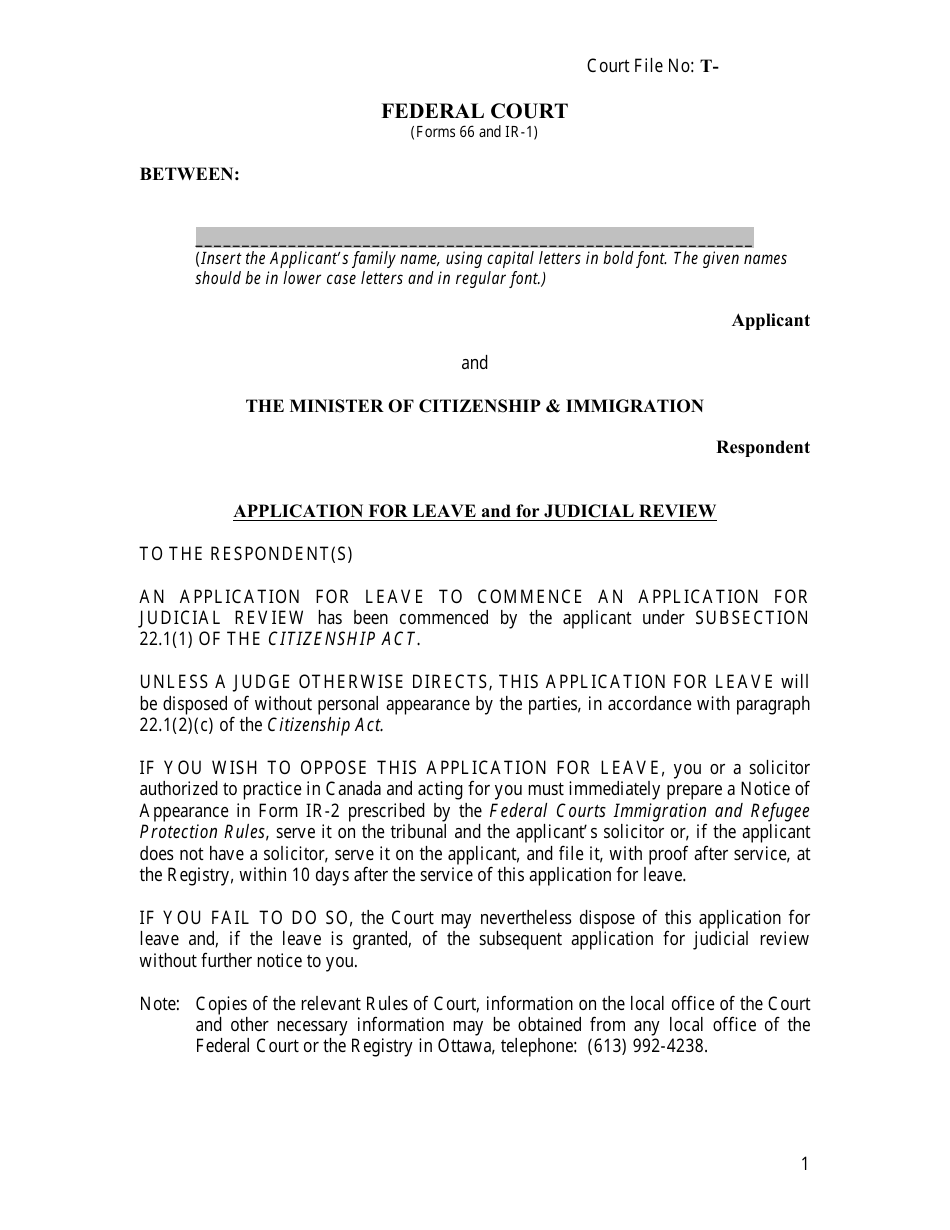 Form 66 (IR-1) Application for Leave and for Judicial Review - Canada, Page 1