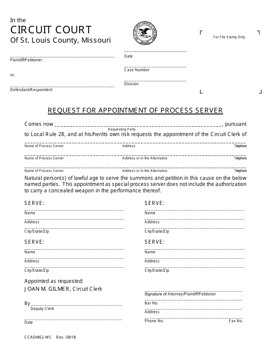 Form CCADM62-WS Request for Appointment of Process Server - St. Louis County, Missouri, Page 1