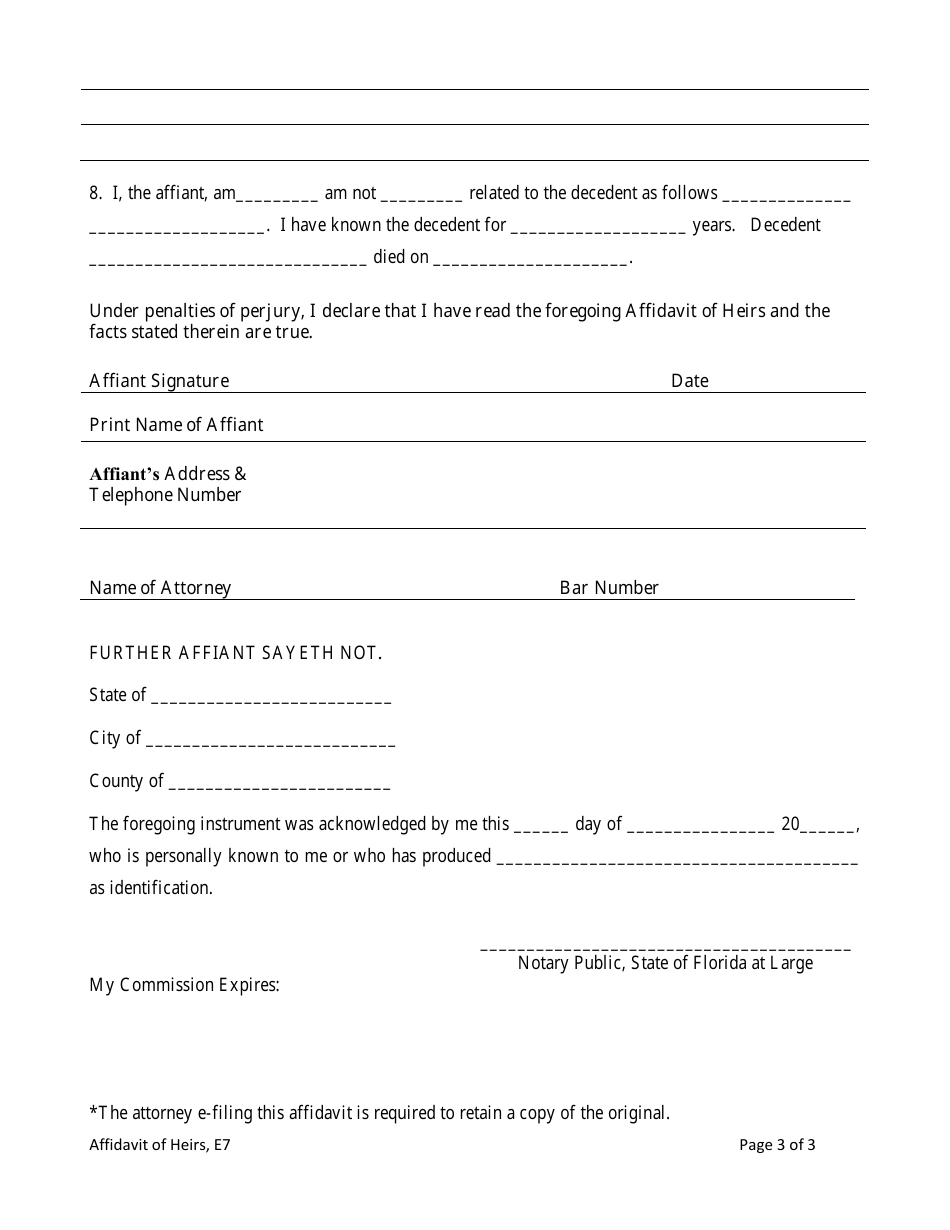 Form E-7 Affidavit of Heirs - Florida, Page 3