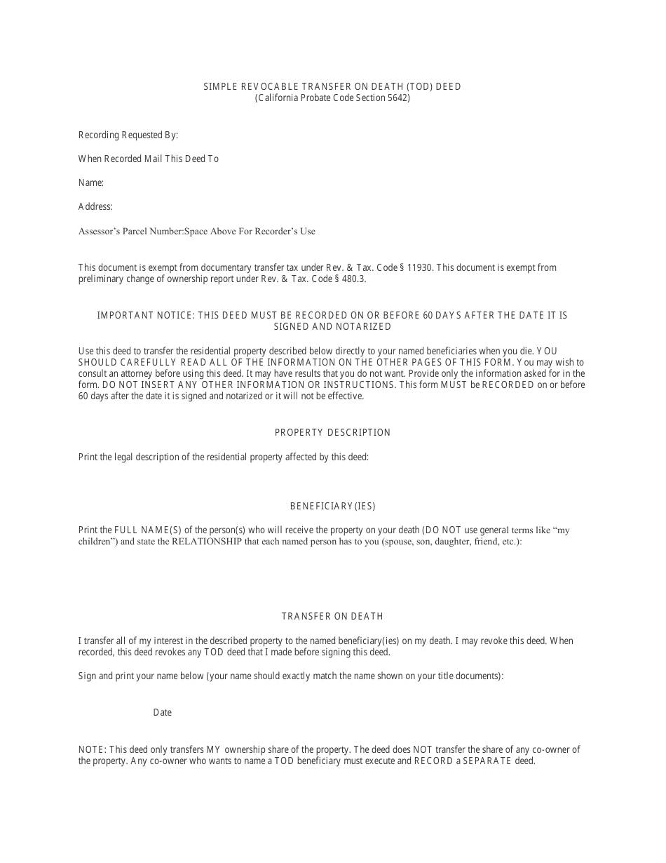 Simple Revocable Transfer on Death Deed Form - California, Page 1