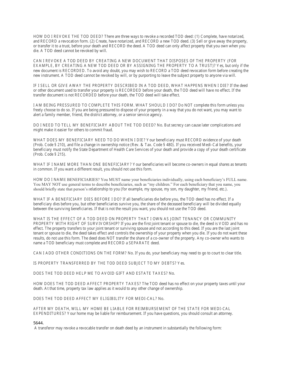 Simple Revocable Transfer on Death Deed Form - California, Page 3