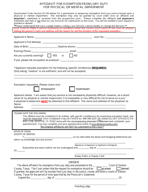 "Affidavit for Exemption From Jury Duty for Physical or Mental Impairment" - Texas Download Pdf