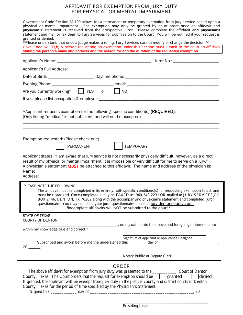 Texas Affidavit for Exemption From Jury Duty for Physical or Mental