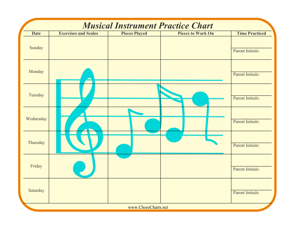 Musical Instrument Practice Chart Template Yellow Download Printable