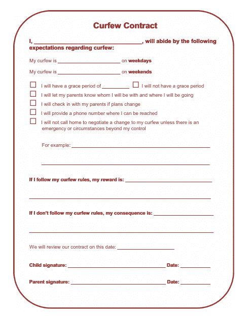 Curfew Contract Template for Kids