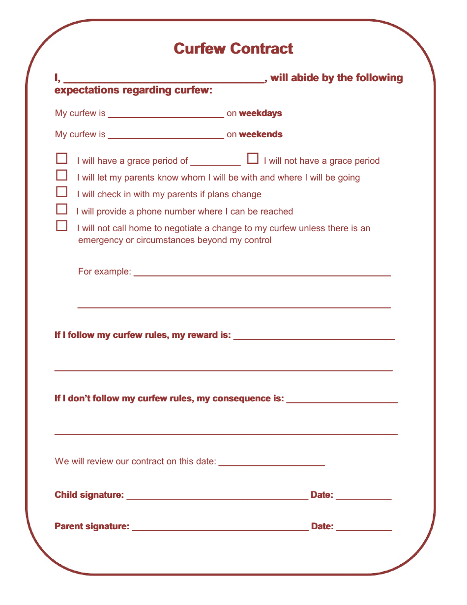 Curfew Contract Template for Kids, Page 1