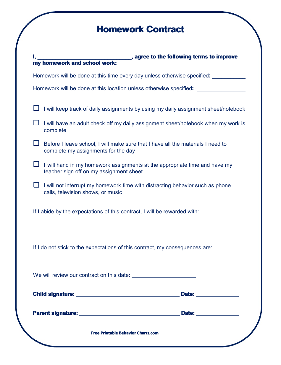 Homework Contract Template for Kids, Page 1