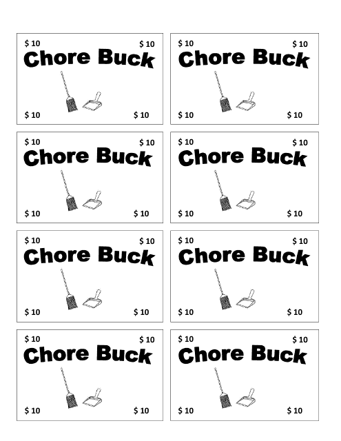 10 Chore Bucks Template - 8 Per Page
