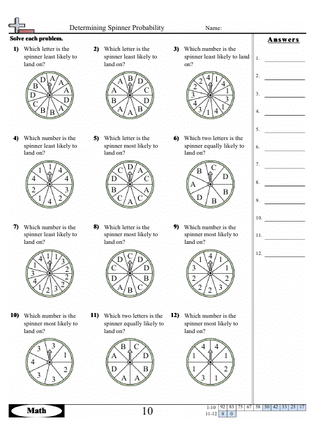 Determining Spinner Probability Worksheet With Answer Key