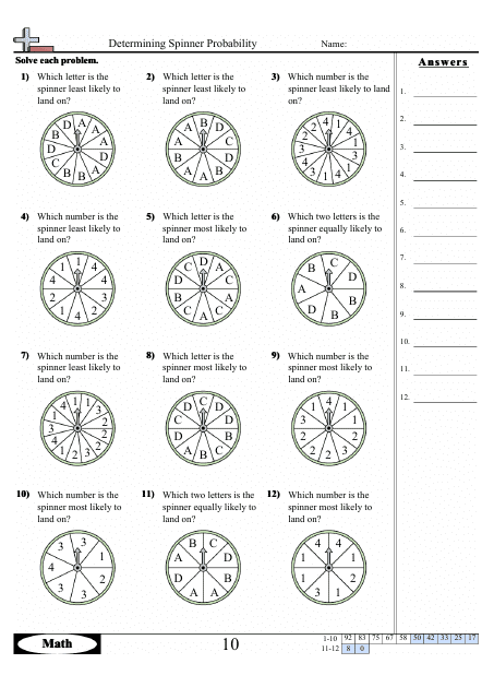 determining spinner probability worksheet with answer key