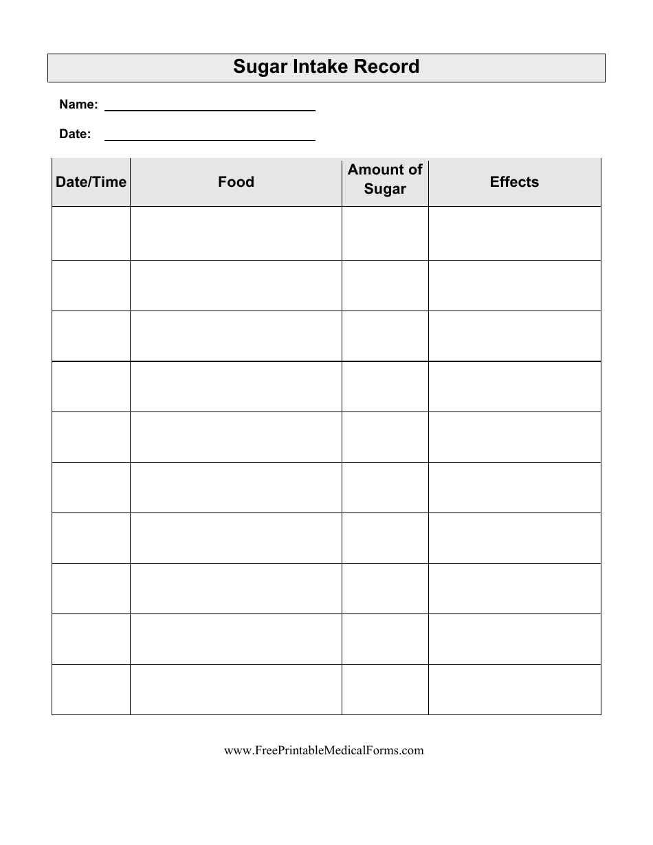 Sugar Intake Record Template Download Printable PDF | Templateroller