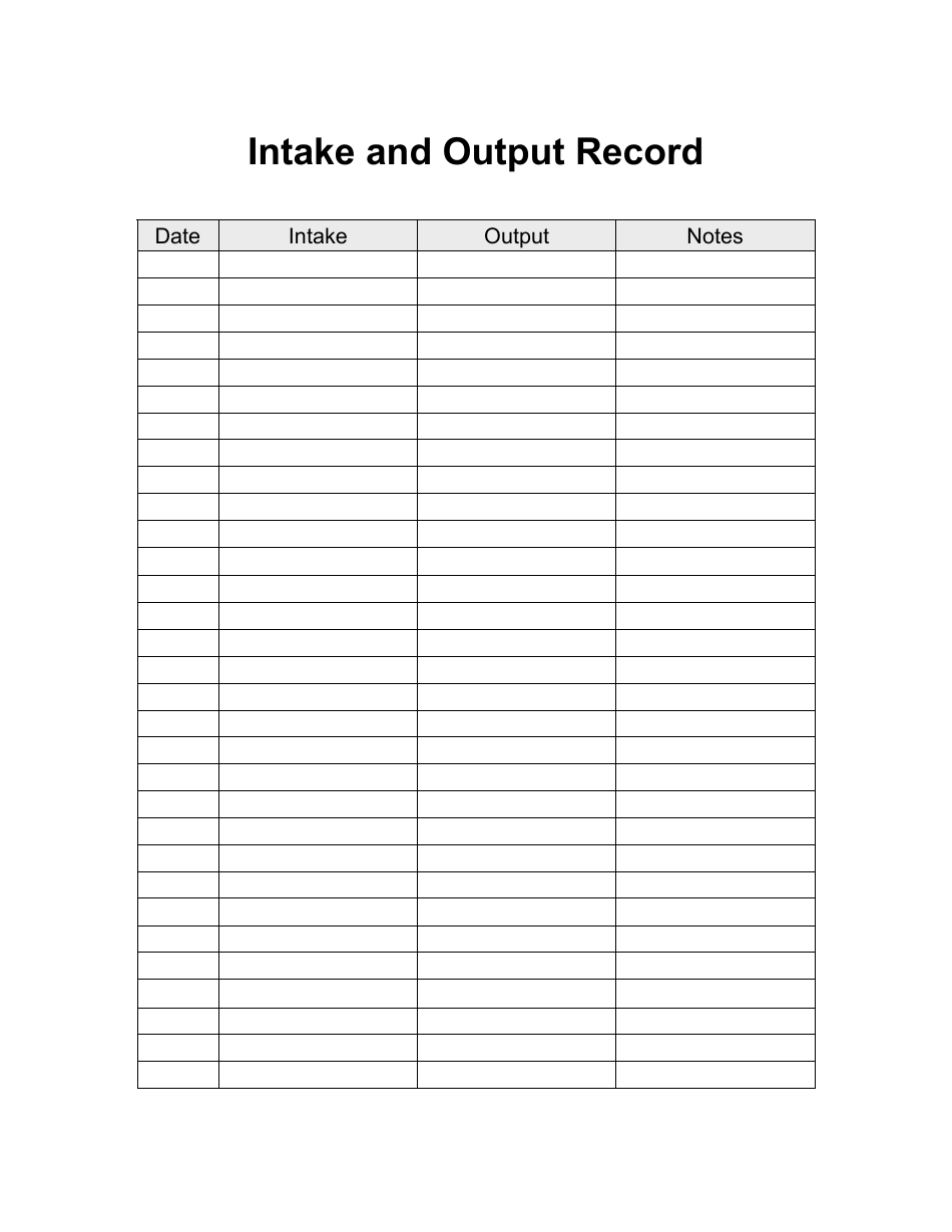 Intake and Output Record Form, Page 1