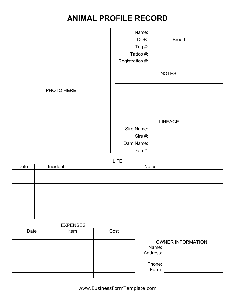 Animal Profile Record Form, Page 1