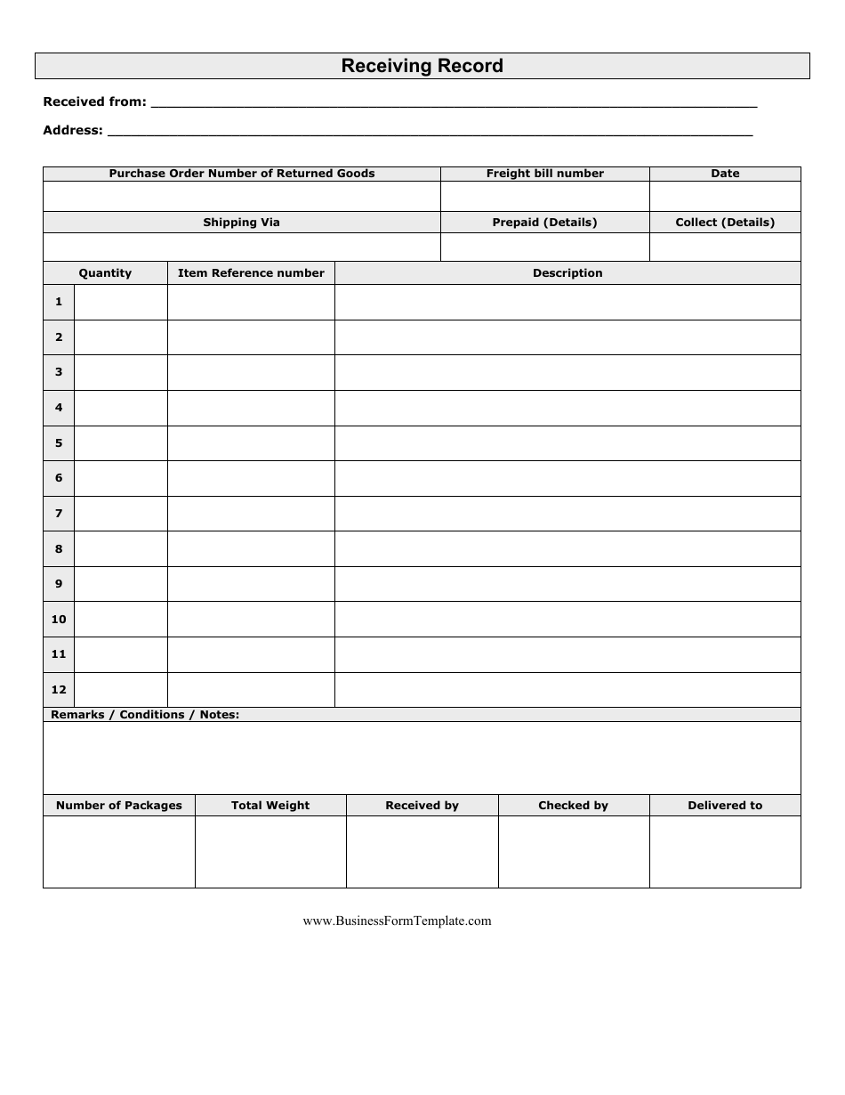 Receiving Record Form, Page 1