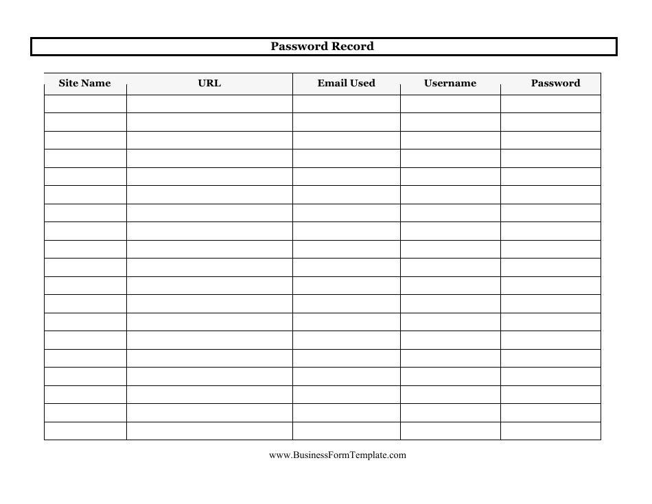 Password Record Log Template, Page 1