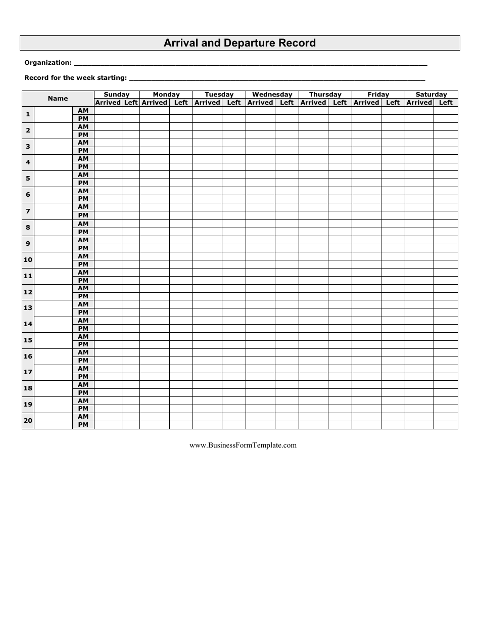 Arrival and Departure Record Spreadsheet Template - Preview