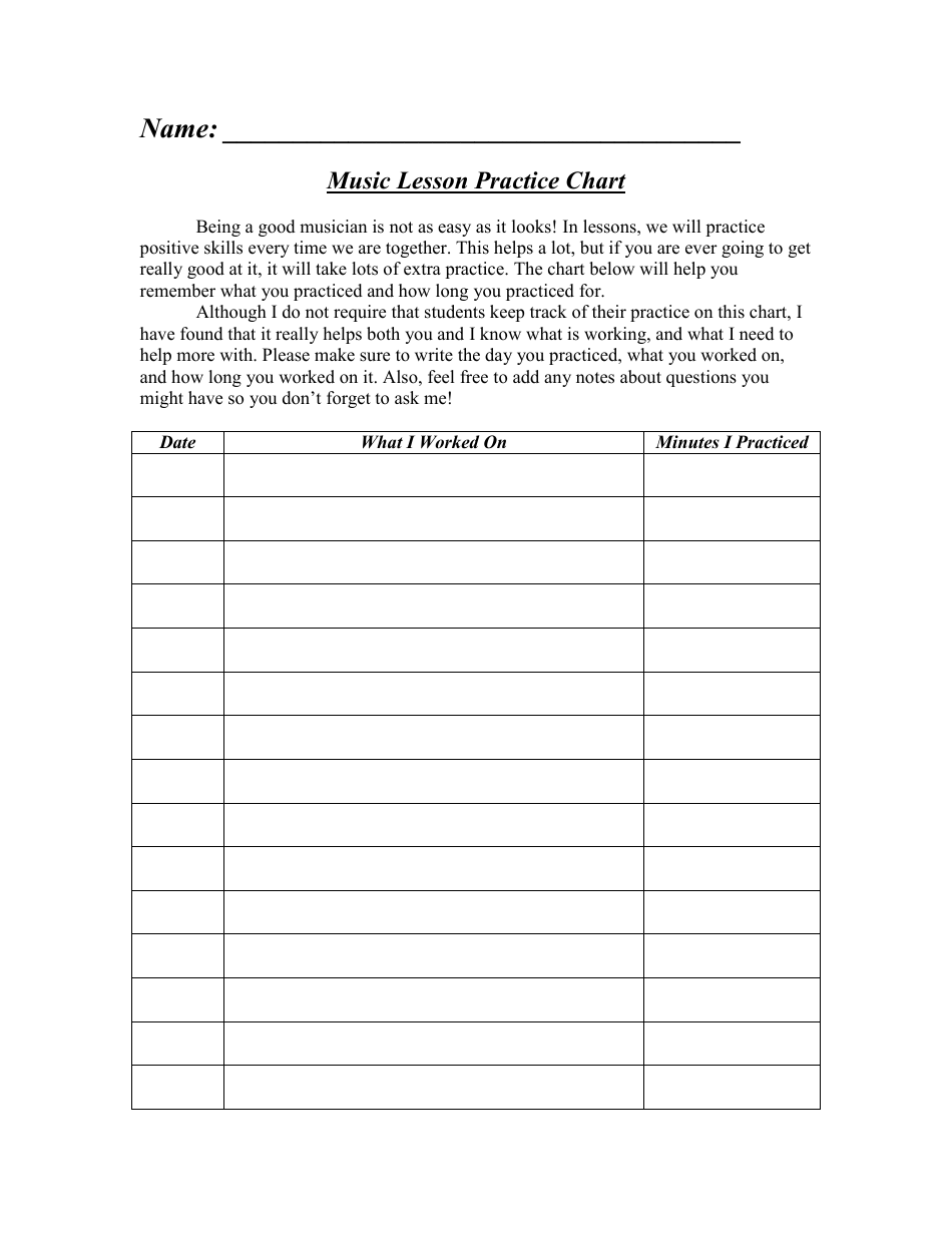 Music Lesson Practice Chart - A visual aid to help students track and record their music practice sessions.