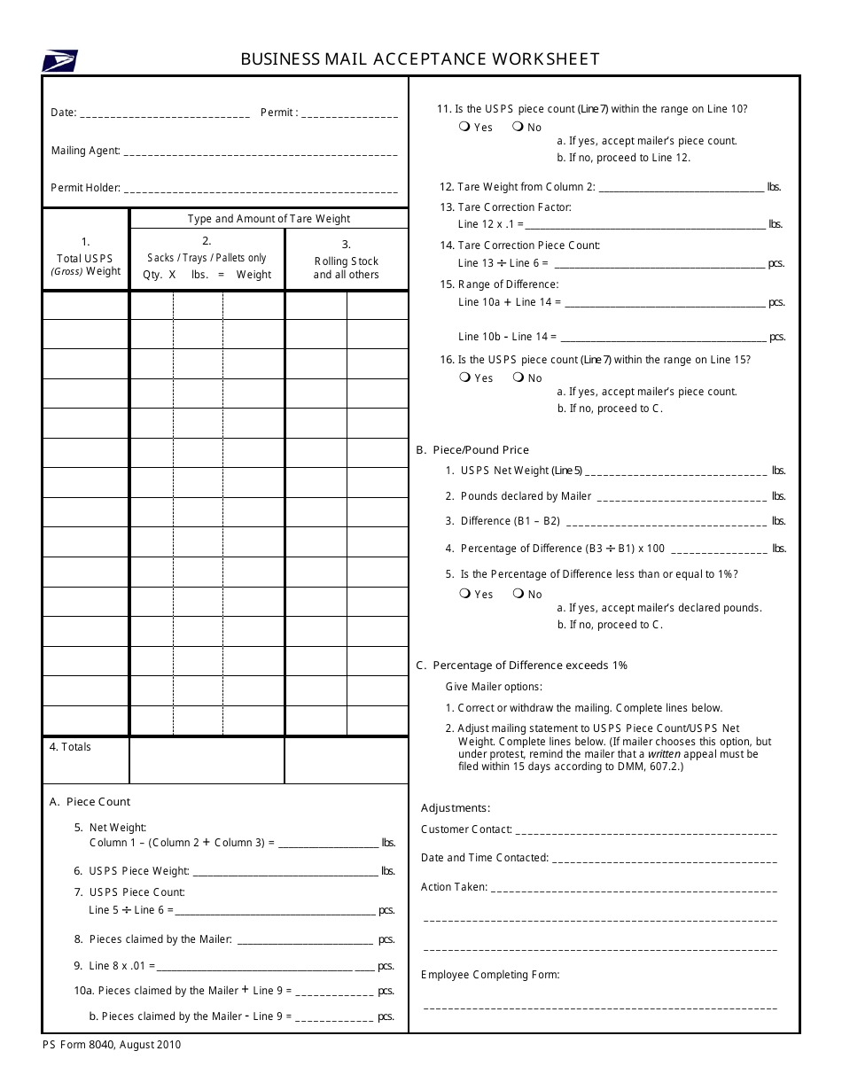 PS Form 8040 Business Mail Acceptance Worksheet, Page 1