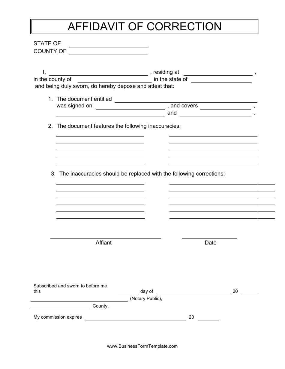 Affidavit Of Correction Form Free Printable Form 7602