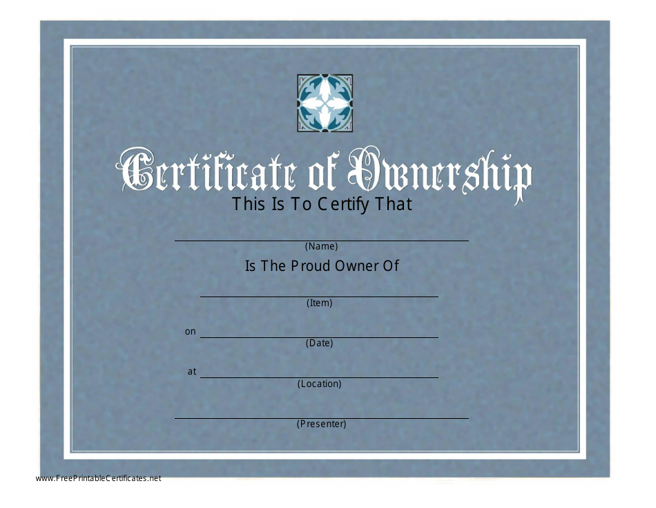 Certificate of Ownership Template - Grey, displayed as a professional grey-themed certificate document.