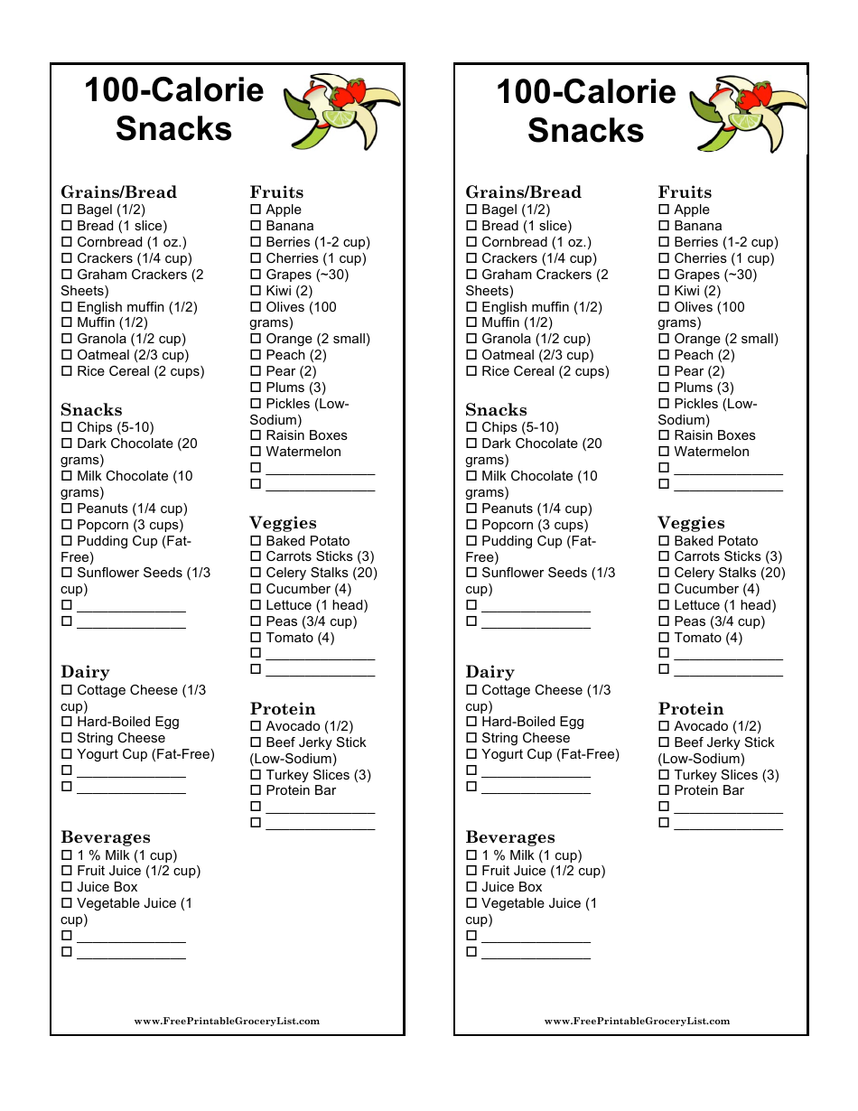 100 calorie Snacks List Template Download Printable PDF Templateroller