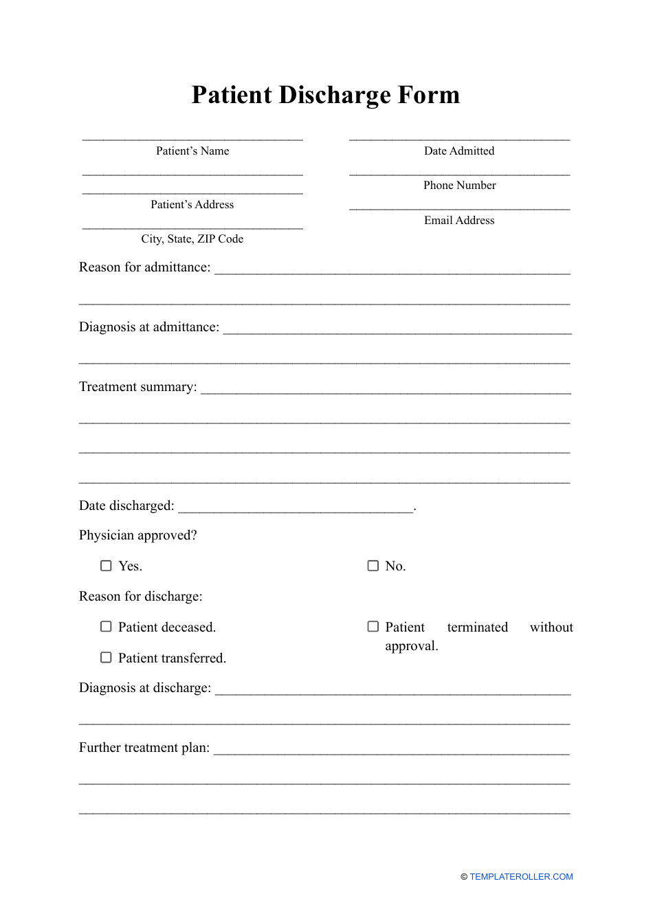Patient Discharge Form Download Printable Pdf Templateroller