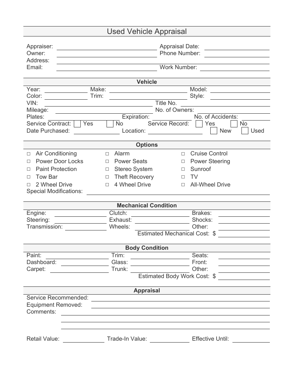 Used Vehicle Appraisal Form, Page 1