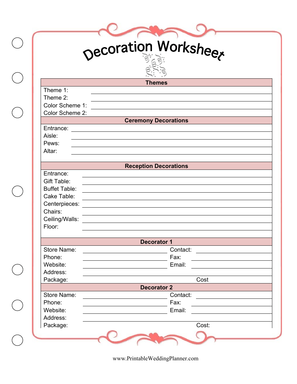 Preview of Wedding Decoration Worksheet document