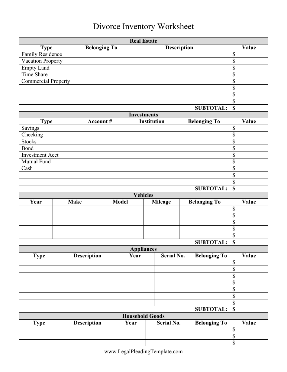 Divorce Inventory Template Preview