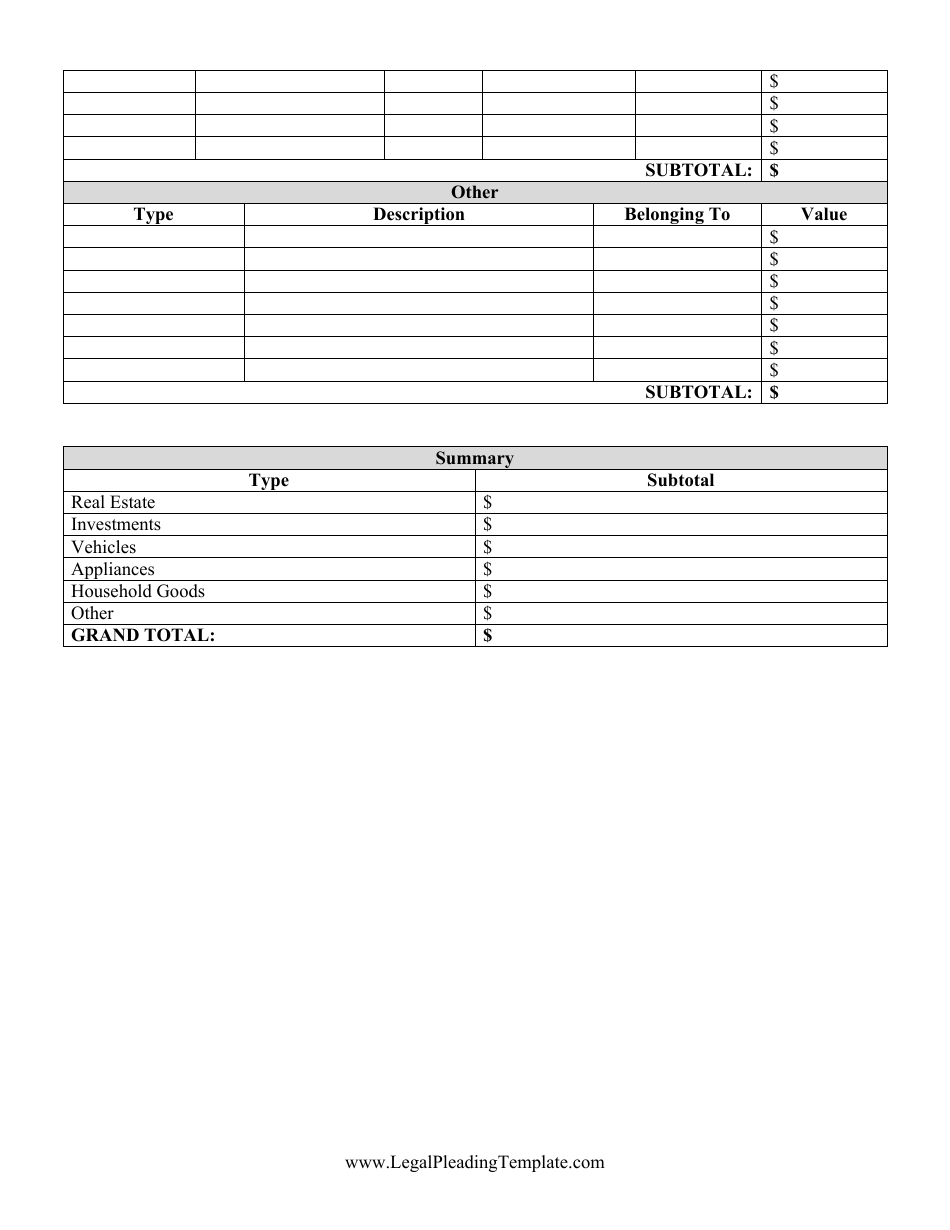 Divorce Inventory Template Download Printable Pdf 