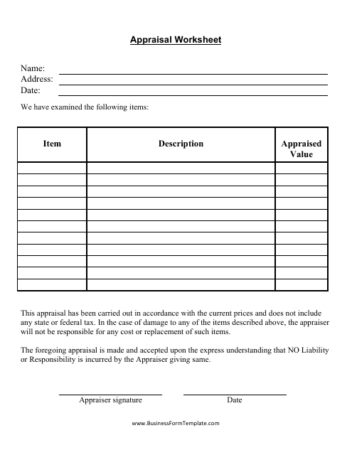 &quot;Appraisal Worksheet Template&quot; Download Pdf