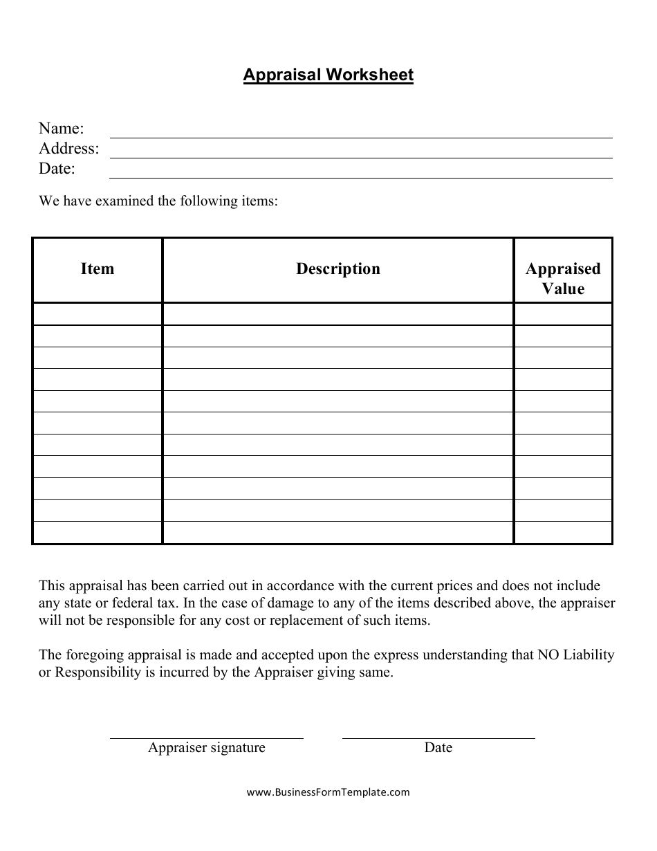 Appraisal Worksheet Template, Page 1
