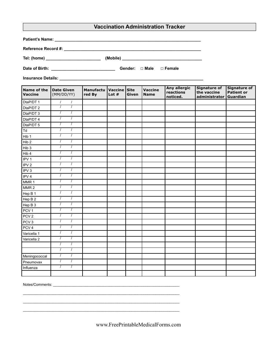 Vaccination Administration Tracker Form, Page 1