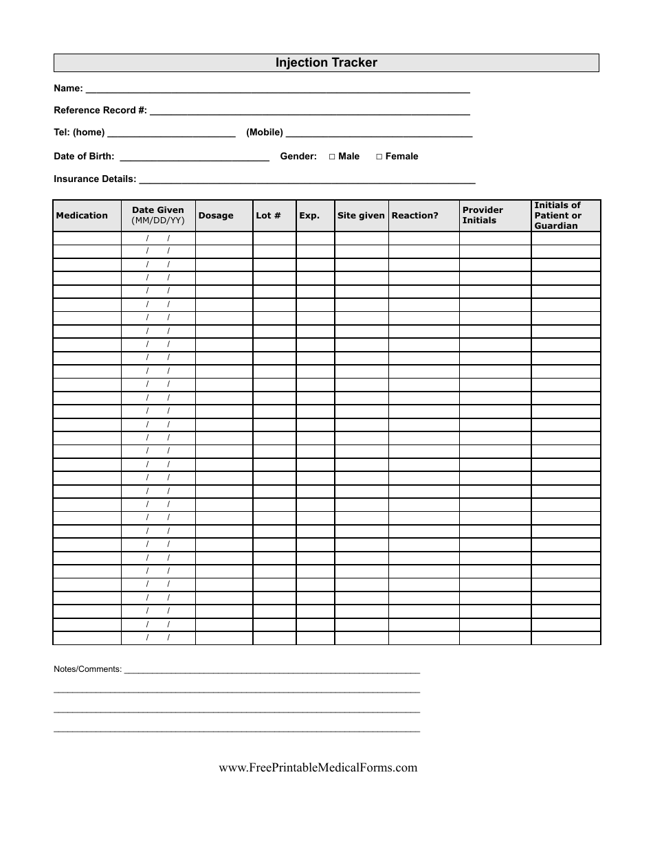 Injection Tracker Form, Page 1