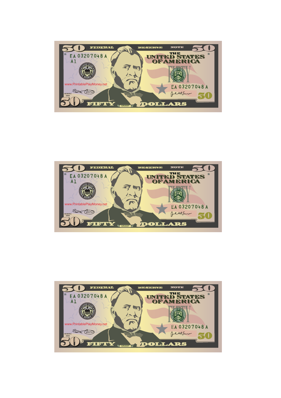 50 Dollar Bill Play Money Template, Page 1
