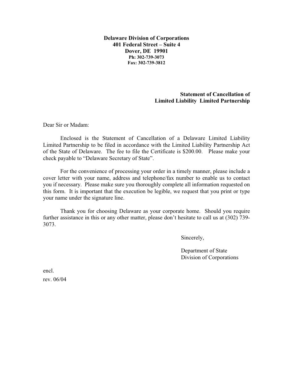 Statement of Cancellation of Limited Liability Limited Partnership - Delaware, Page 1