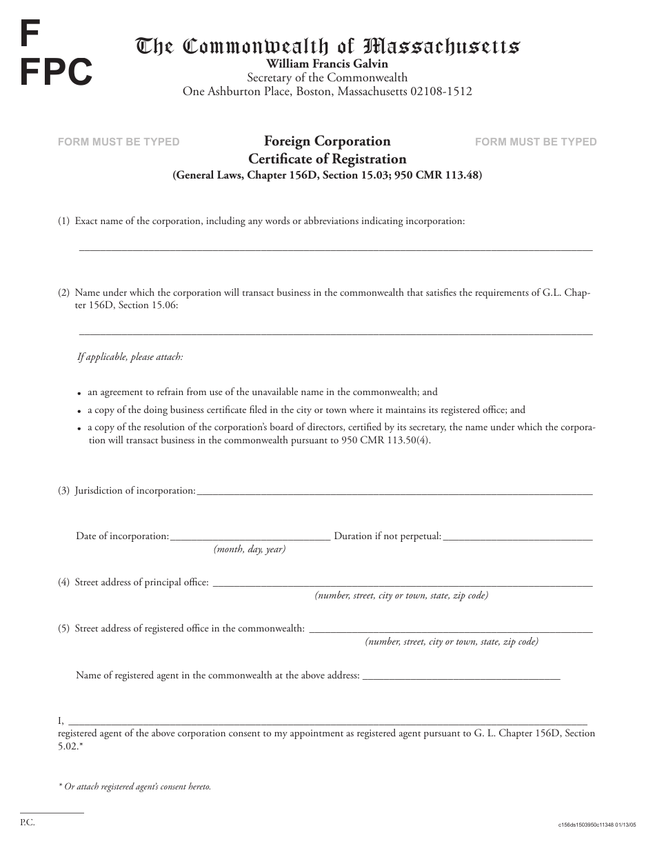 Form FPC Foreign Corporation Certificate of Registration (General Laws, Chapter 156d, Section 15.03; 950 Cmr 113.48) - Massachusetts, Page 1