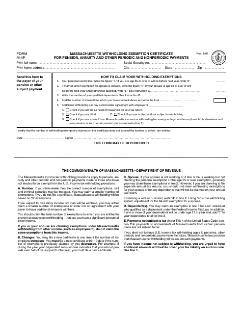 Form M-4p Massachusetts Withholding Exemption Certificate for Pension, Annuity and Other Periodic and Nonperiodic Payments - Massachusetts