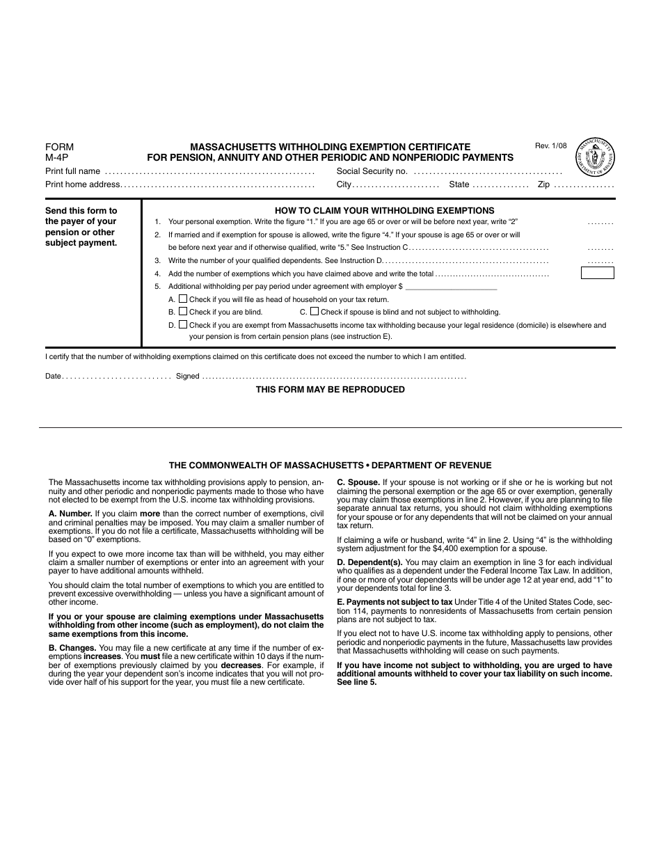 Form M-4p Massachusetts Withholding Exemption Certificate for Pension, Annuity and Other Periodic and Nonperiodic Payments - Massachusetts, Page 1