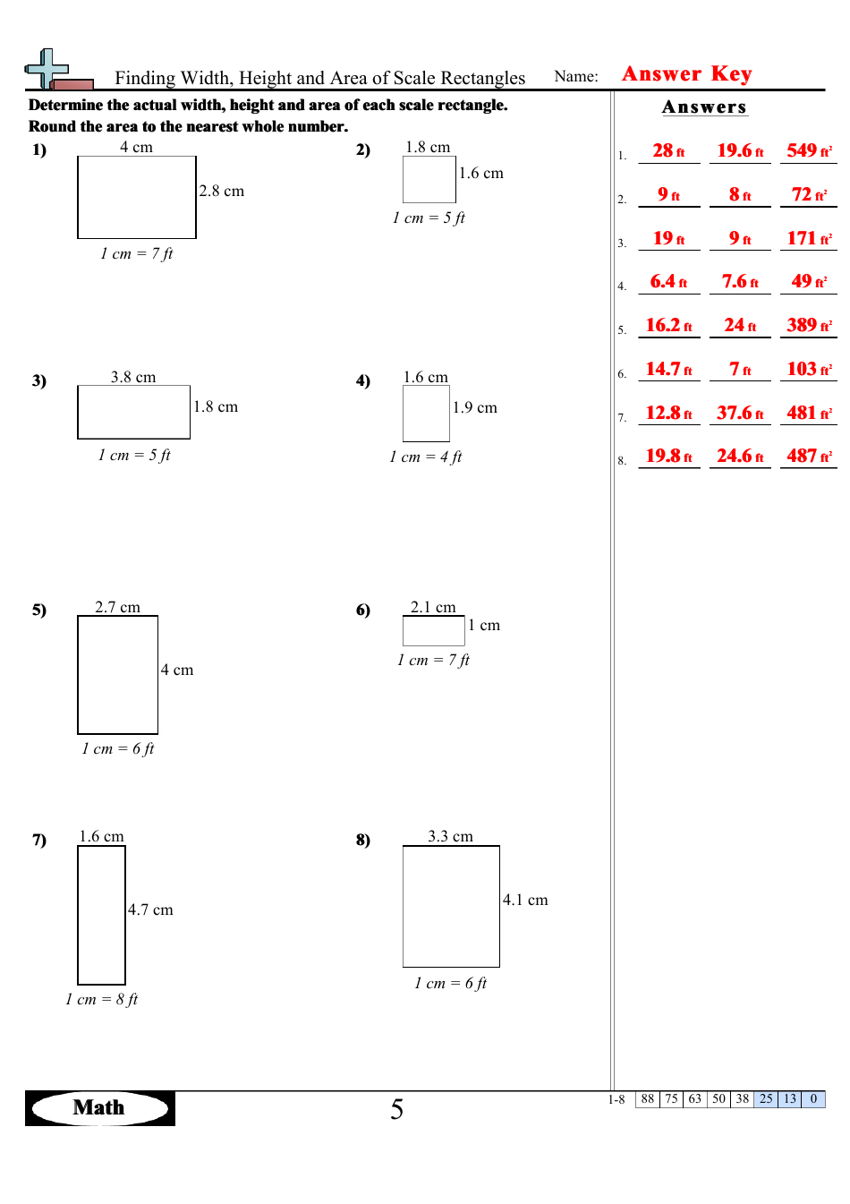 Finding Width, Height and Area of Scale Rectangles Math Worksheets With Answers, Page 10