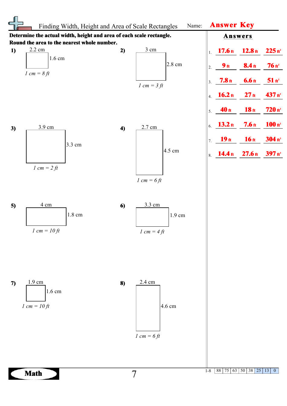 Finding Width, Height and Area of Scale Rectangles Math Worksheets With Answers, Page 14
