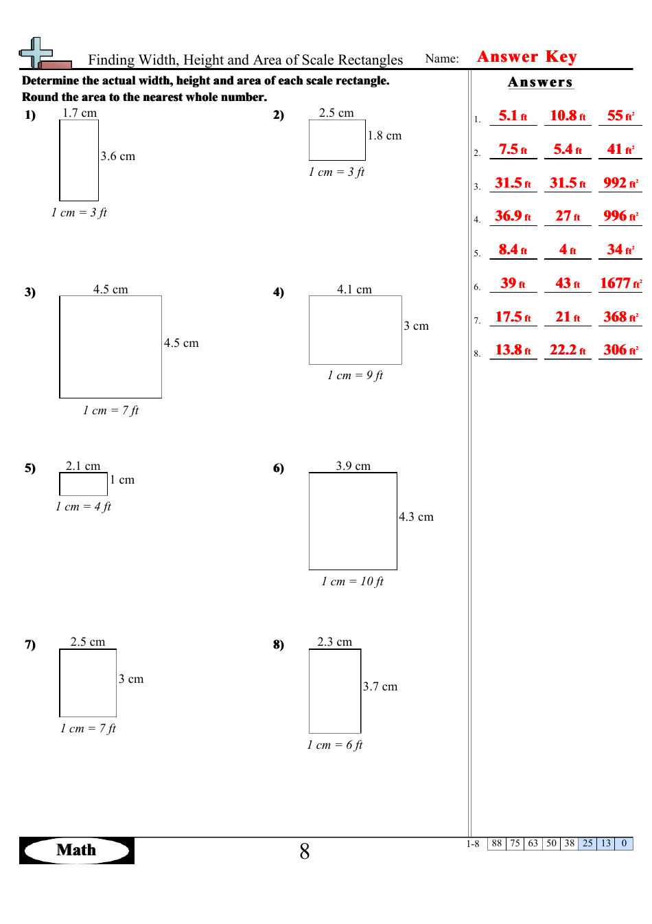 Finding Width, Height and Area of Scale Rectangles Math Worksheets With Answers, Page 16