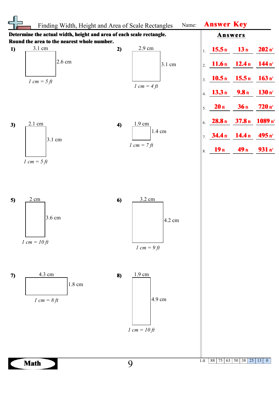 Finding Width, Height and Area of Scale Rectangles Math Worksheets With