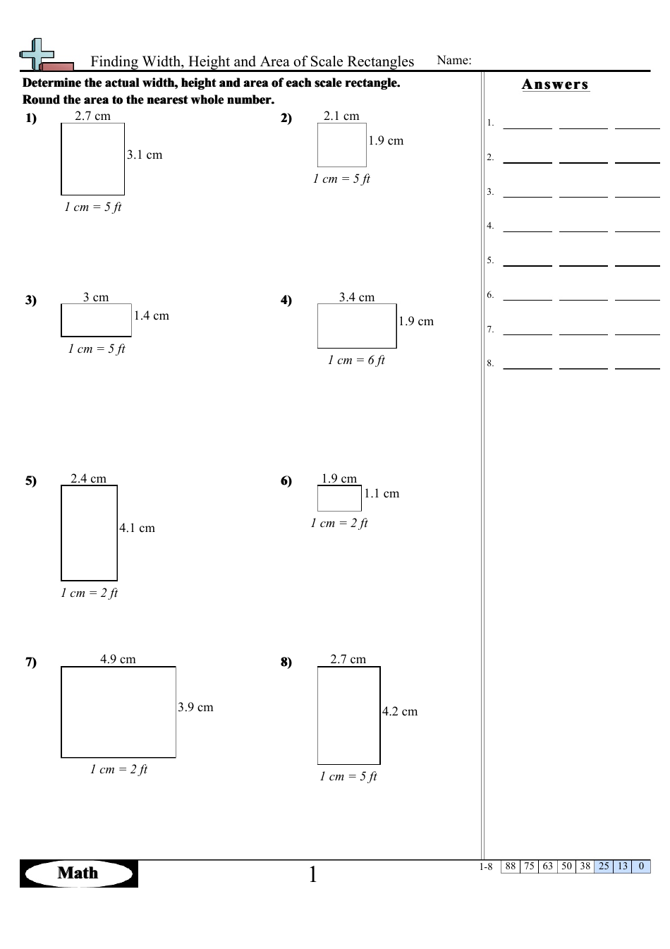 Finding Width, Height and Area of Scale Rectangles Math Worksheets With Answers, Page 1