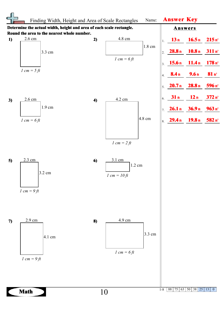 Finding Width, Height and Area of Scale Rectangles Math Worksheets With Answers, Page 20